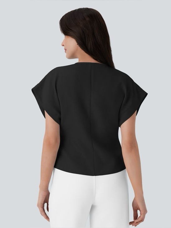 HALARA Crossover V-Neck Batwing Sleeve Snap Work Top Black XS NWT - Picture 2 of 4